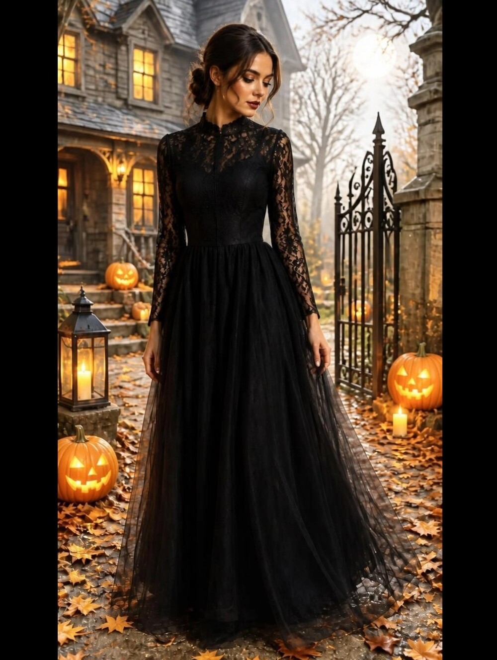 Vampire Witch Gothic Queen Lace Tulle Slit Gown Costume Dress 6Descript